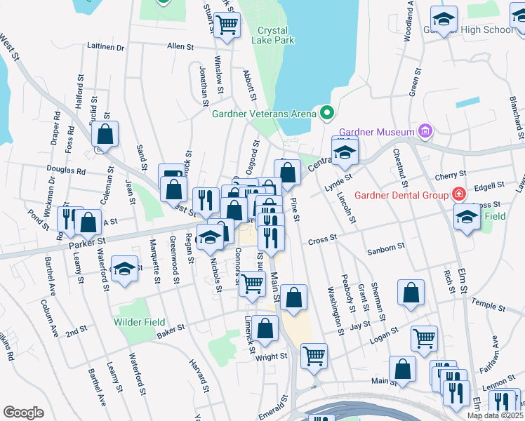 map of restaurants, bars, coffee shops, grocery stores, and more near 308 Central Street in Gardner