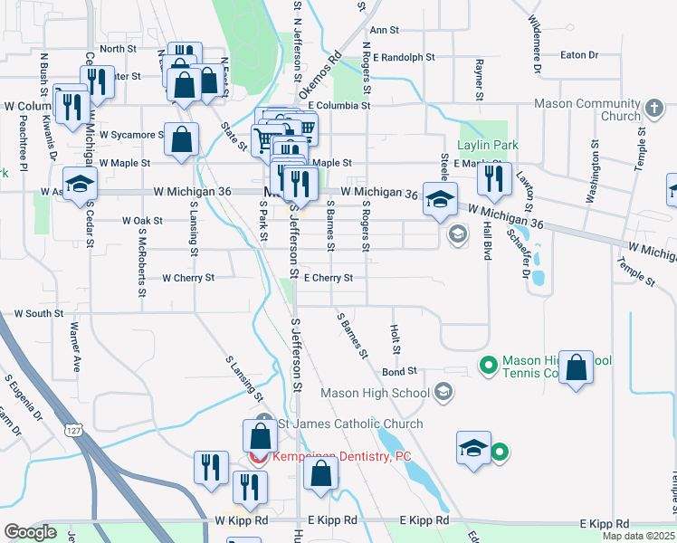 map of restaurants, bars, coffee shops, grocery stores, and more near 703 South Barnes Street in Mason
