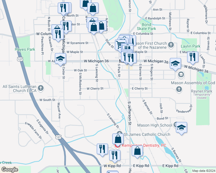 map of restaurants, bars, coffee shops, grocery stores, and more near 327 West Cherry Street in Mason