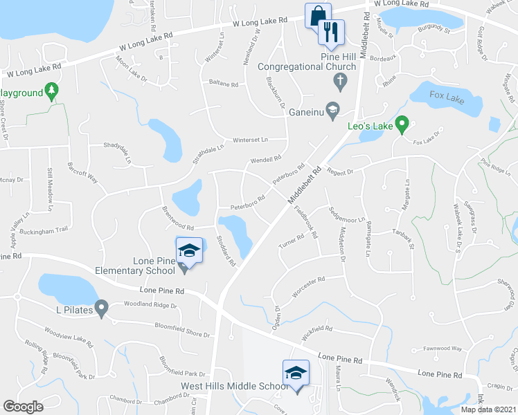 map of restaurants, bars, coffee shops, grocery stores, and more near 4259 Wendell Road in West Bloomfield Township