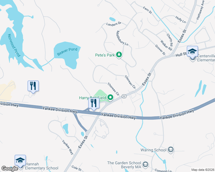 map of restaurants, bars, coffee shops, grocery stores, and more near 33 Thoreau Circle in Beverly