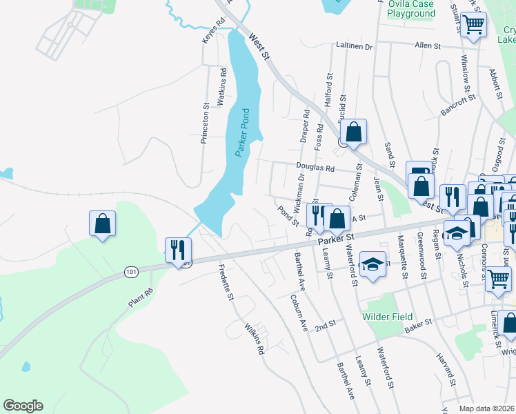 map of restaurants, bars, coffee shops, grocery stores, and more near 35 Water Street in Gardner