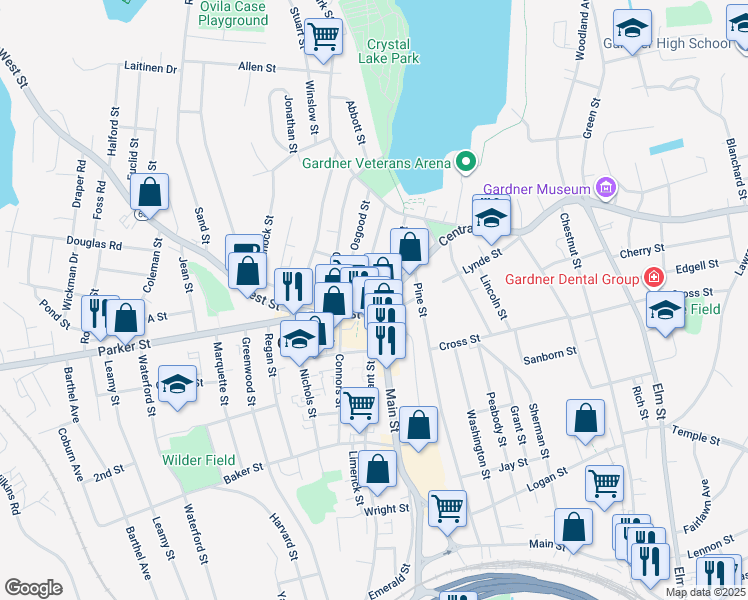 map of restaurants, bars, coffee shops, grocery stores, and more near 309 Central Street in Gardner