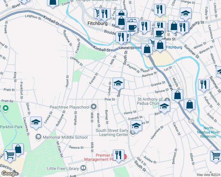 map of restaurants, bars, coffee shops, grocery stores, and more near 16 Otis Street in Fitchburg
