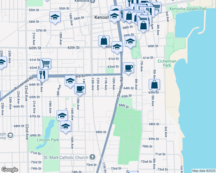 map of restaurants, bars, coffee shops, grocery stores, and more near 6409 11th Avenue in Kenosha