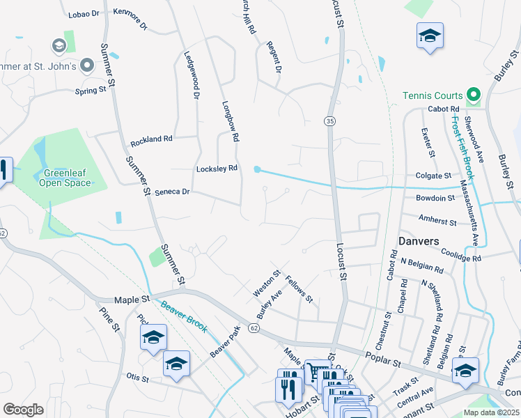 map of restaurants, bars, coffee shops, grocery stores, and more near 9 Arrowhead Road in Danvers