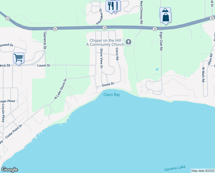 map of restaurants, bars, coffee shops, grocery stores, and more near W4283 Oriole Drive in Lake Geneva