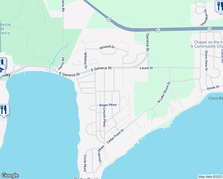 map of restaurants, bars, coffee shops, grocery stores, and more near 5 Garfield Parkway in Williams Bay