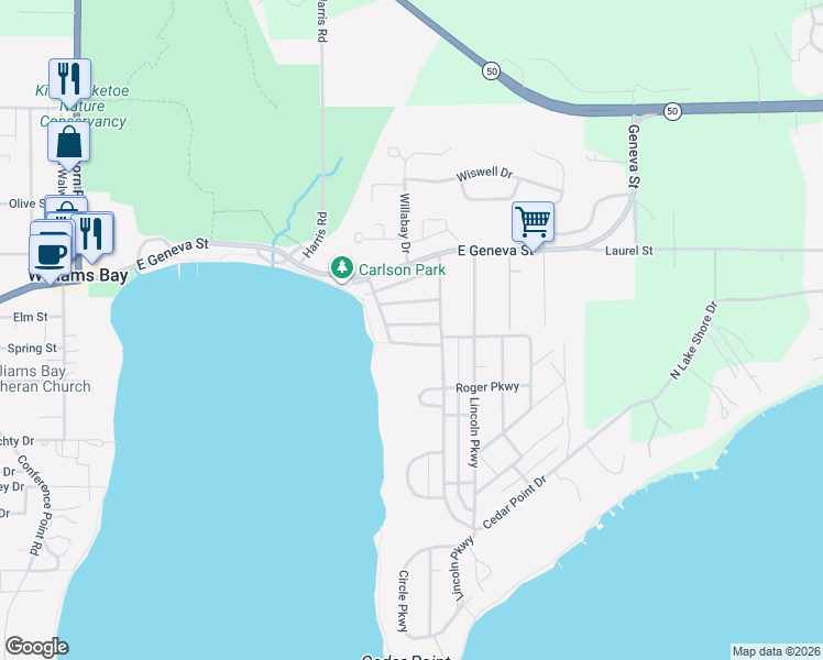 map of restaurants, bars, coffee shops, grocery stores, and more near 527 Park Ridge Road in Williams Bay