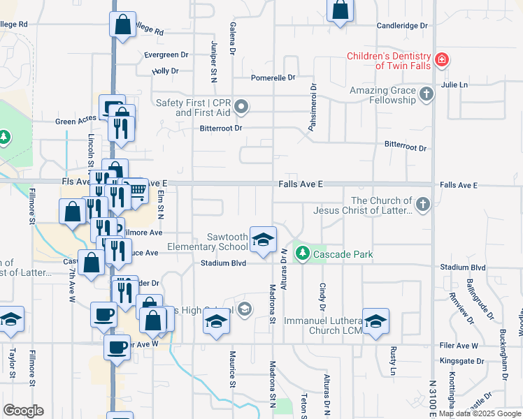 map of restaurants, bars, coffee shops, grocery stores, and more near 808 Capri Drive in Twin Falls