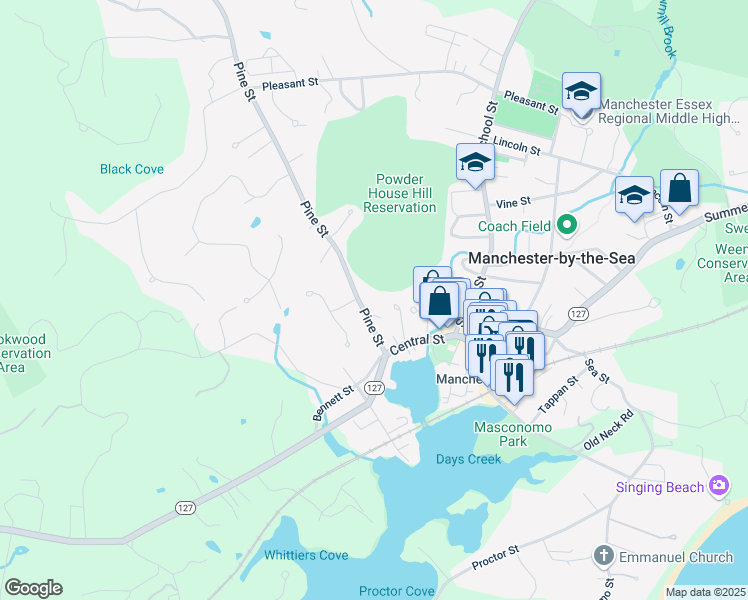 map of restaurants, bars, coffee shops, grocery stores, and more near 18 Morse Court in Manchester-by-the-Sea