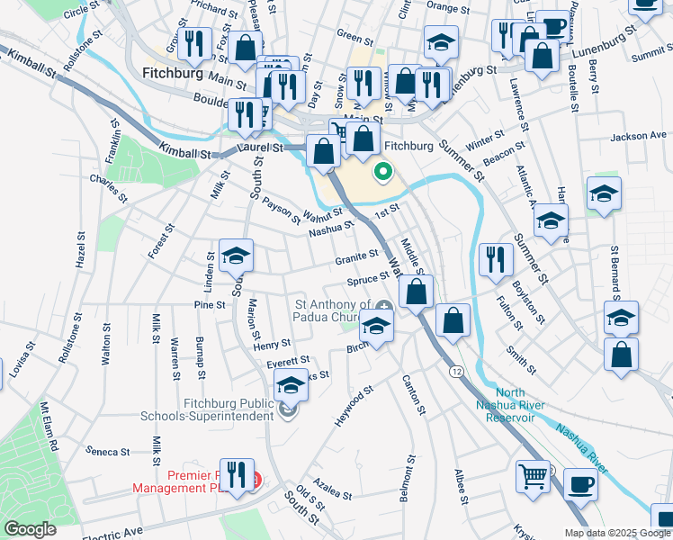 map of restaurants, bars, coffee shops, grocery stores, and more near 61 Spruce Street in Fitchburg