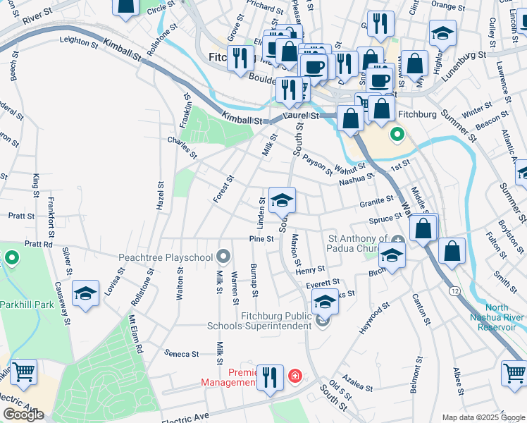 map of restaurants, bars, coffee shops, grocery stores, and more near 16 Otis Street in Fitchburg