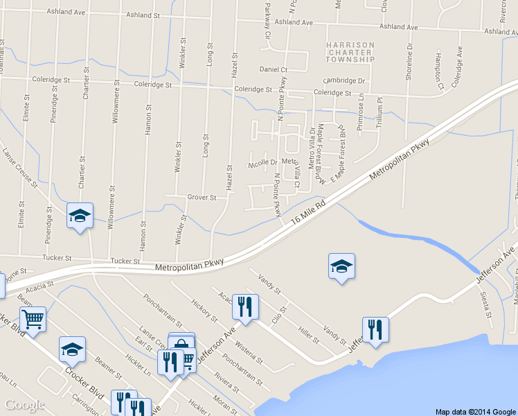 map of restaurants, bars, coffee shops, grocery stores, and more near 27631 Willowood Drive in Harrison Township