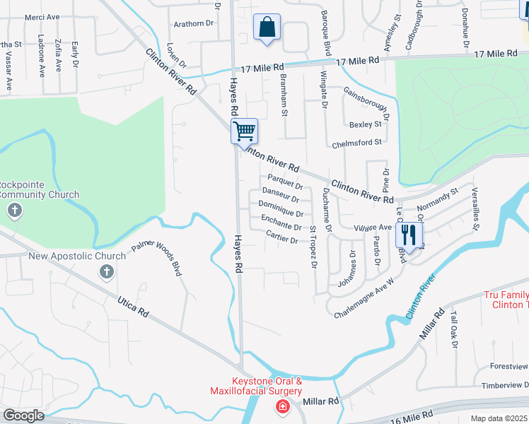 map of restaurants, bars, coffee shops, grocery stores, and more near 15365 Cartier Drive in Clinton Township