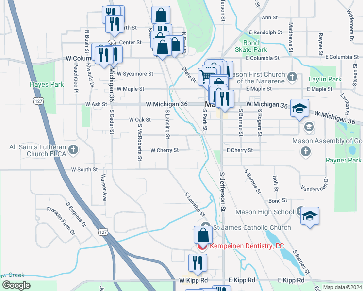map of restaurants, bars, coffee shops, grocery stores, and more near 327 West Cherry Street in Mason