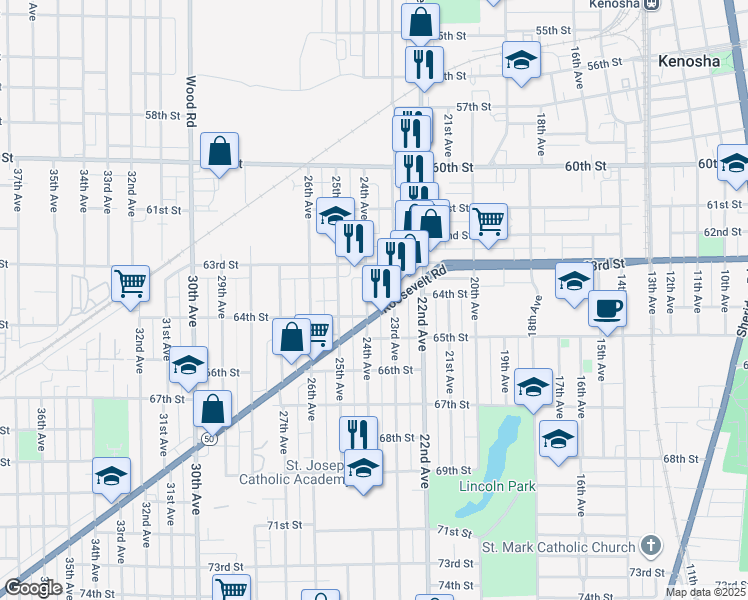 map of restaurants, bars, coffee shops, grocery stores, and more near 6354 23rd Avenue in Kenosha