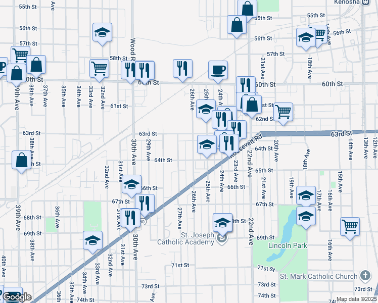 map of restaurants, bars, coffee shops, grocery stores, and more near 6353 27th Avenue in Kenosha