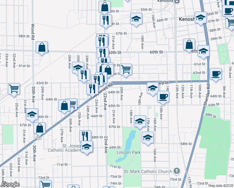 map of restaurants, bars, coffee shops, grocery stores, and more near 6427 21st Avenue in Kenosha