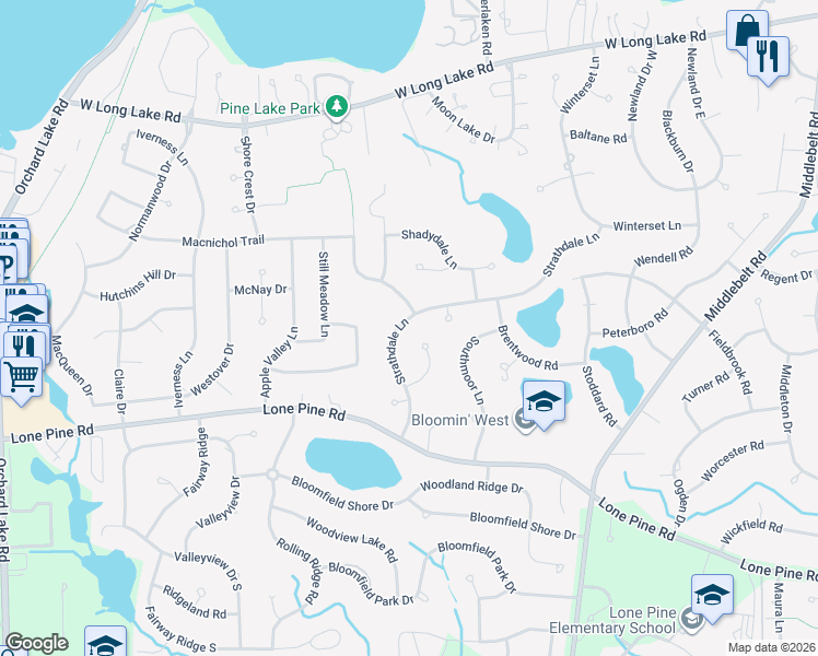 map of restaurants, bars, coffee shops, grocery stores, and more near 4358 Strathdale Court in West Bloomfield Township