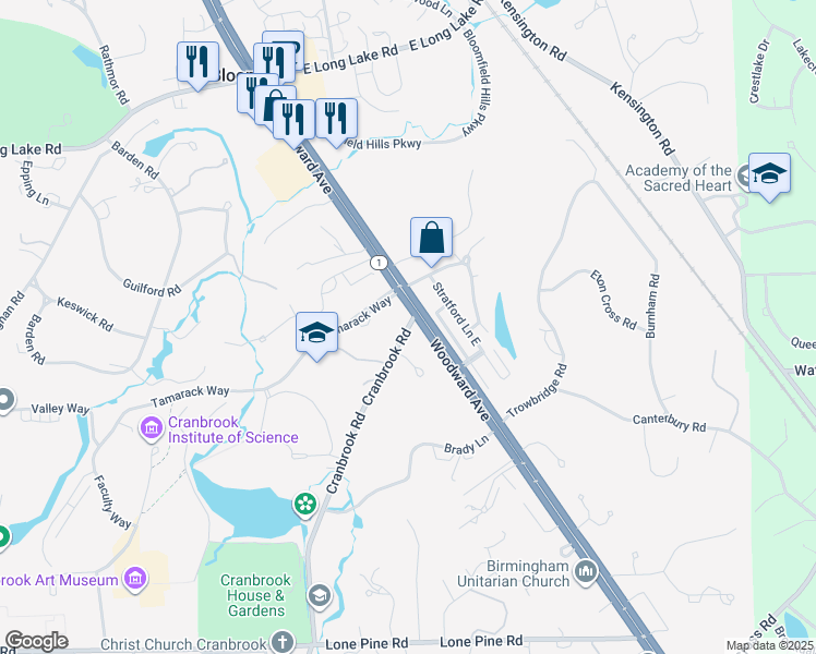 map of restaurants, bars, coffee shops, grocery stores, and more near 1047 Cranbrook Road in Bloomfield Hills