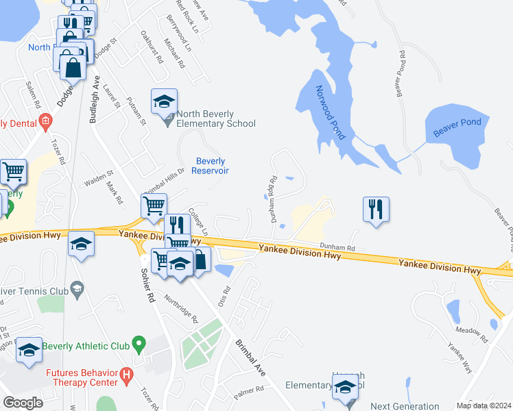 map of restaurants, bars, coffee shops, grocery stores, and more near 38 Dunham Road in Beverly