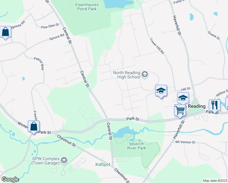 map of restaurants, bars, coffee shops, grocery stores, and more near 19 Sherman Road in North Reading
