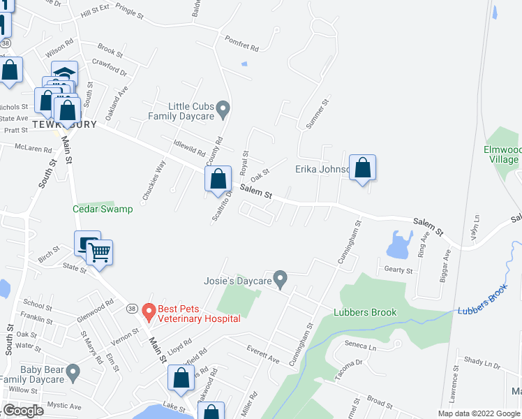 map of restaurants, bars, coffee shops, grocery stores, and more near Evergreen Drive in Wilmington