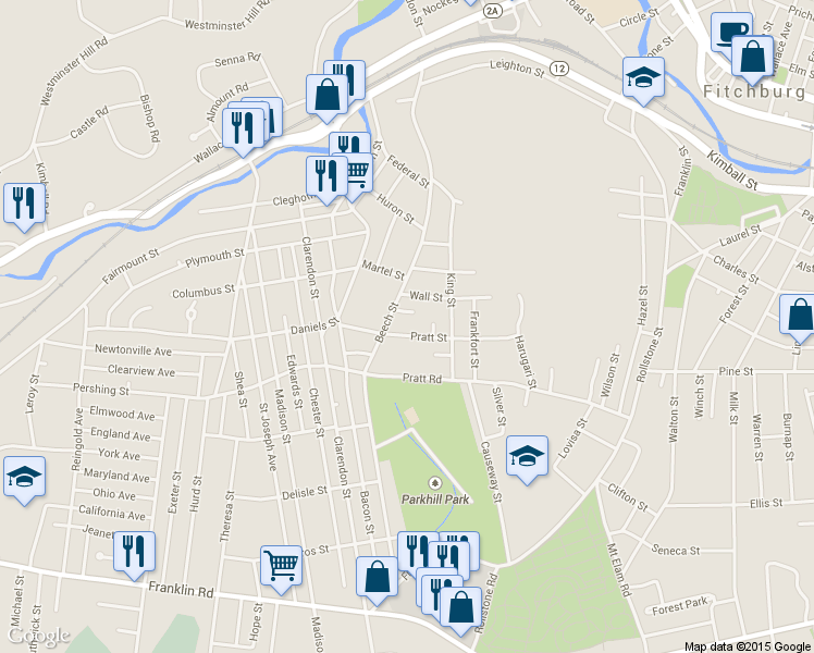 map of restaurants, bars, coffee shops, grocery stores, and more near 97-99 Pratt Street in Fitchburg