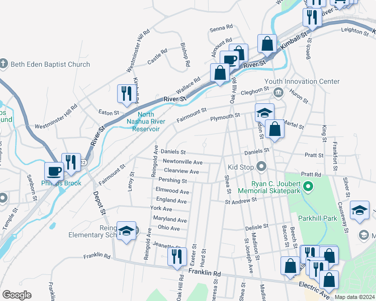 map of restaurants, bars, coffee shops, grocery stores, and more near 77 Newtonville Avenue in Fitchburg