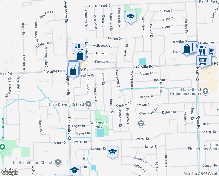 map of restaurants, bars, coffee shops, grocery stores, and more near 38740 Sutton Drive in Sterling Heights