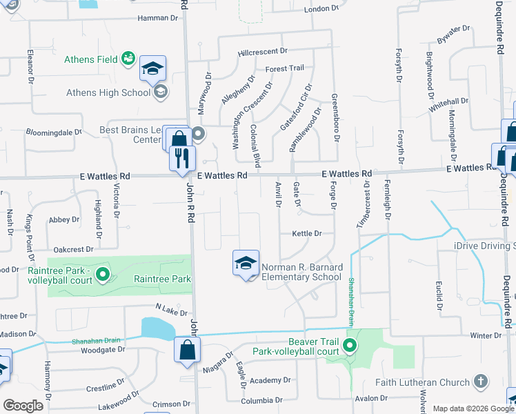 map of restaurants, bars, coffee shops, grocery stores, and more near 3925 Fairfax Drive in Troy