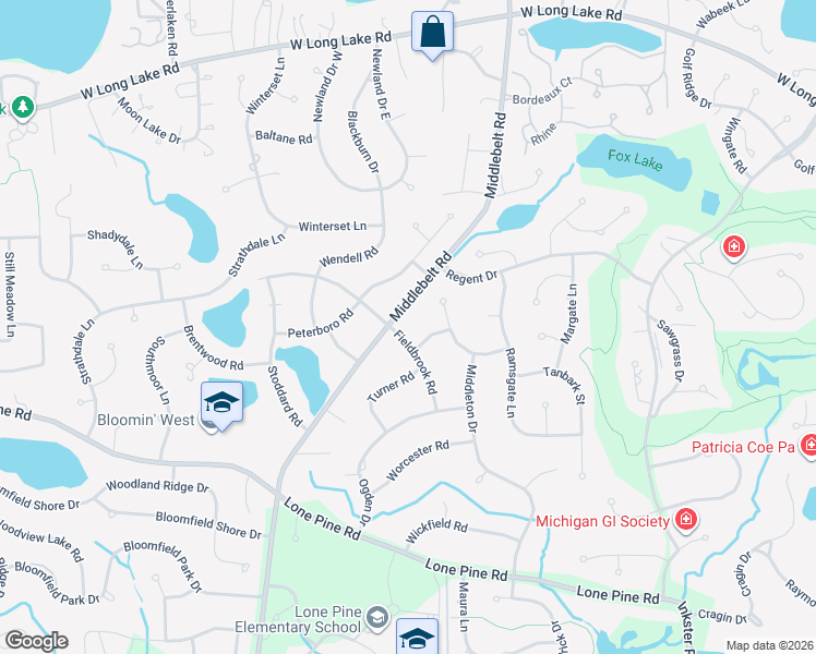 map of restaurants, bars, coffee shops, grocery stores, and more near 4288 Fieldbrook Road in West Bloomfield Township