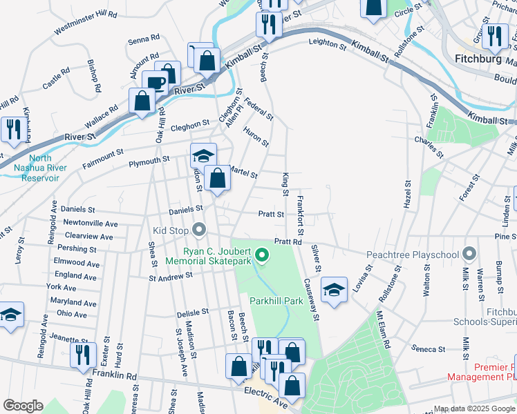 map of restaurants, bars, coffee shops, grocery stores, and more near 97-99 Pratt Street in Fitchburg