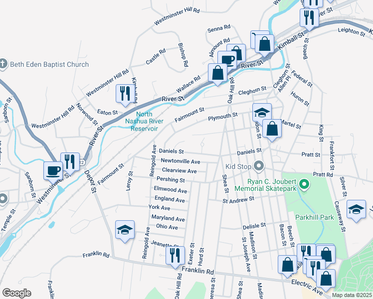 map of restaurants, bars, coffee shops, grocery stores, and more near 77 Newtonville Avenue in Fitchburg
