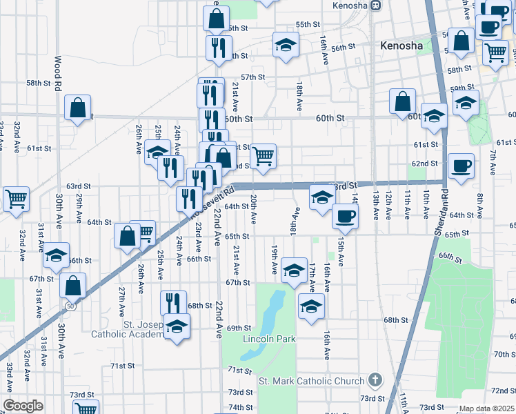map of restaurants, bars, coffee shops, grocery stores, and more near 1901 63rd Street in Kenosha