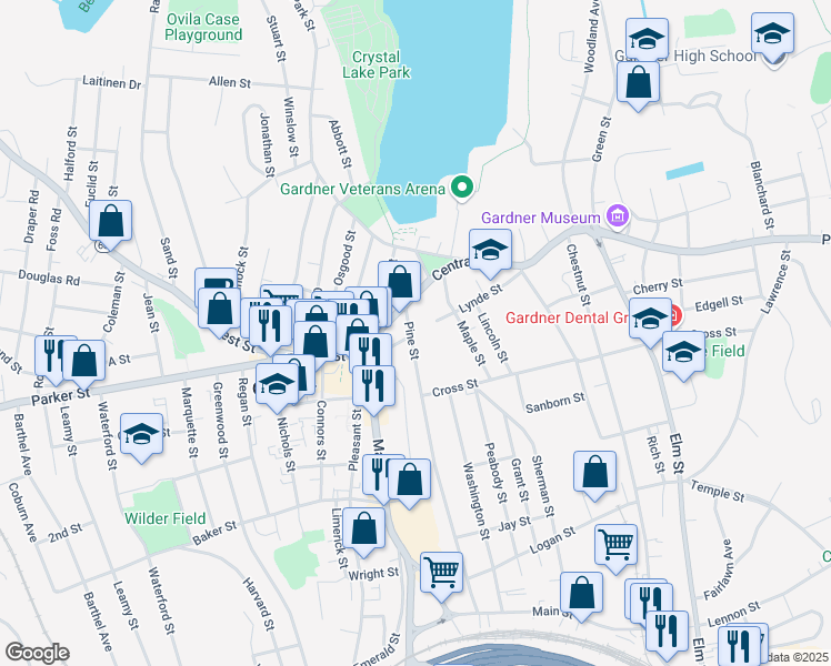 map of restaurants, bars, coffee shops, grocery stores, and more near 30 Pine Street in Gardner