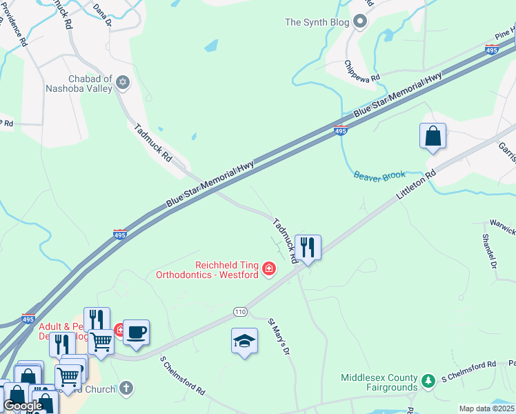 map of restaurants, bars, coffee shops, grocery stores, and more near 61 Tadmuck Road in Westford