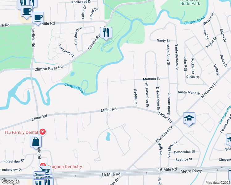 map of restaurants, bars, coffee shops, grocery stores, and more near 37900 Woodcrest Street in Clinton Township