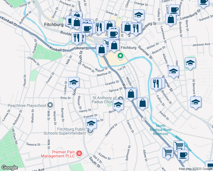 map of restaurants, bars, coffee shops, grocery stores, and more near 62 Granite Street in Fitchburg