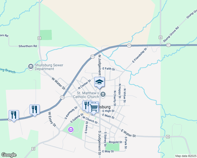 map of restaurants, bars, coffee shops, grocery stores, and more near 457 North Judgement Street in Shullsburg