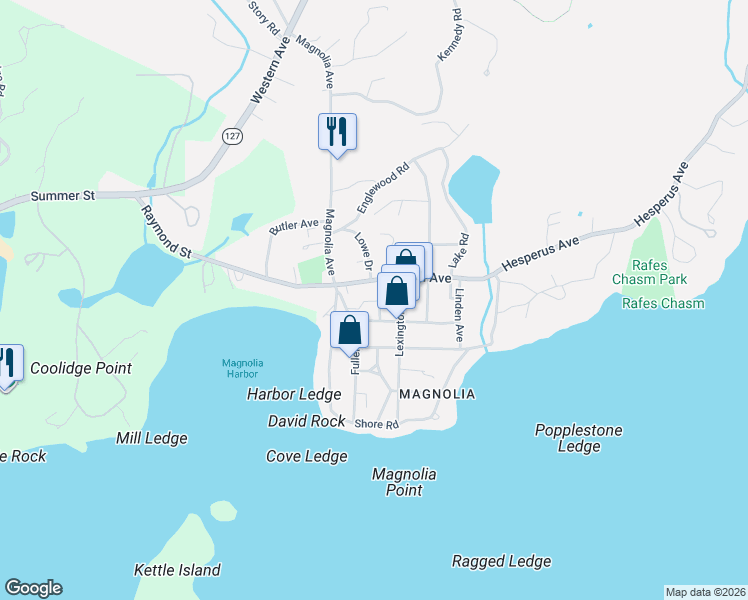 map of restaurants, bars, coffee shops, grocery stores, and more near 9 Flume Road in Gloucester