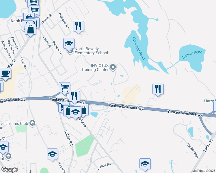 map of restaurants, bars, coffee shops, grocery stores, and more near 38 Dunham Road in Beverly
