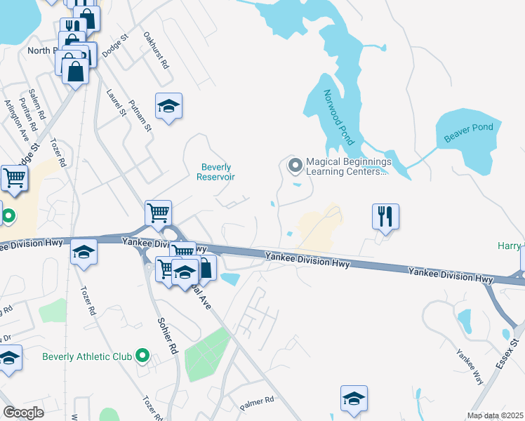 map of restaurants, bars, coffee shops, grocery stores, and more near 38 Dunham Road in Beverly