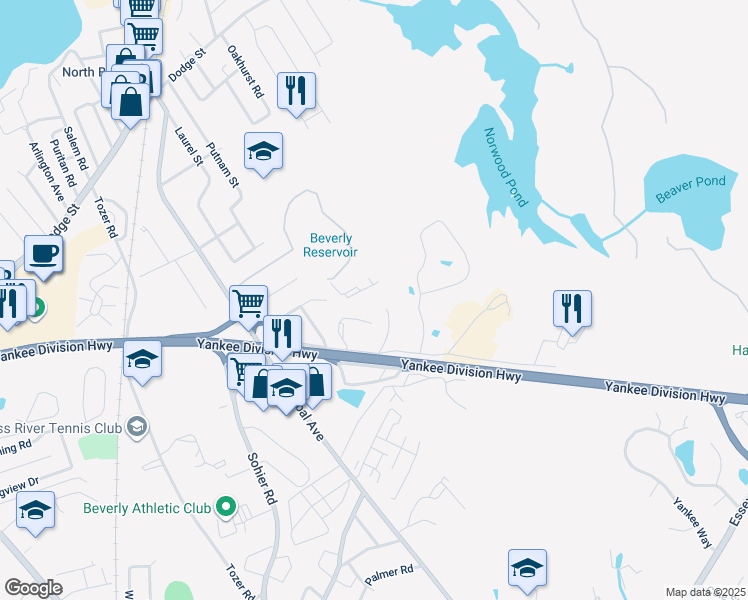 map of restaurants, bars, coffee shops, grocery stores, and more near 32 Dunham Road in Beverly