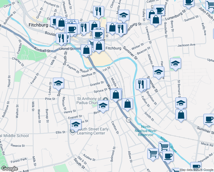 map of restaurants, bars, coffee shops, grocery stores, and more near 339 Water Street in Fitchburg