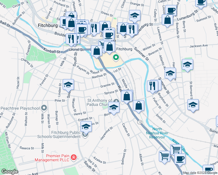map of restaurants, bars, coffee shops, grocery stores, and more near 42 Salem Street in Fitchburg