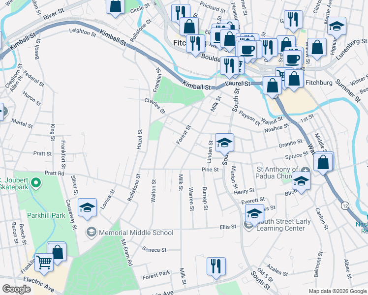 map of restaurants, bars, coffee shops, grocery stores, and more near 86 Forest Street in Fitchburg