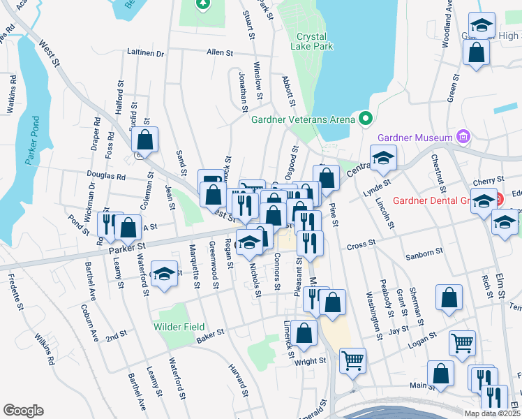 map of restaurants, bars, coffee shops, grocery stores, and more near 68 Parker Street in Gardner