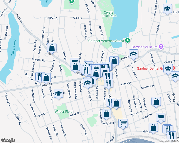 map of restaurants, bars, coffee shops, grocery stores, and more near 4 Oak Street in Gardner